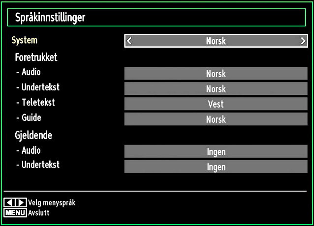 Trykk MENU og velg det første ikonet ved å bruke eller Trykk OK for å vise menyen Innstillinger. Bruke menyelementene i Innstillinger Trykk eller for å merke et menyelement.