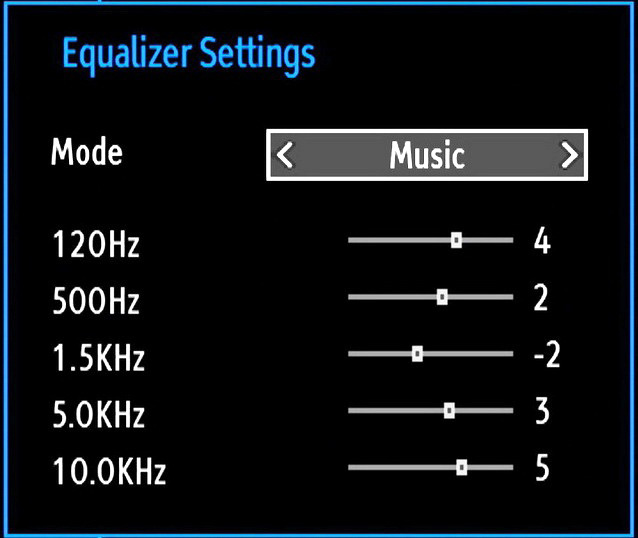 Equalizer: Press OK button to view equalizer submenu. In the equalizer menu, the preset can be changed to Music, Movie, Speech, Flat, Classic and User.