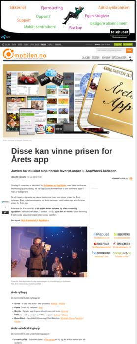 Disse kan vinne prisen for Årets app Mobilen, 10.10.2013 15:13 Vegard Haugen Publisert på nett. Onsdag 6.