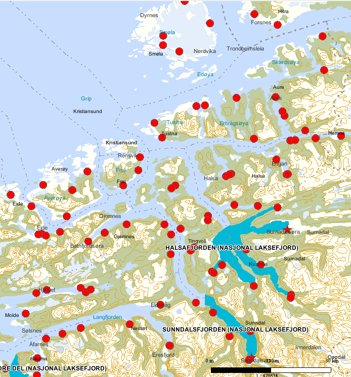 Anadrome vassdrag (røde punkt), Nasjonale laksevassdrag (røde stjerner) og Nasjonale laksefjorder (sterk blå farge) på NordMøre. Kilde: Lakseregisteret, Direktoratet for naturforvaltning (DN).