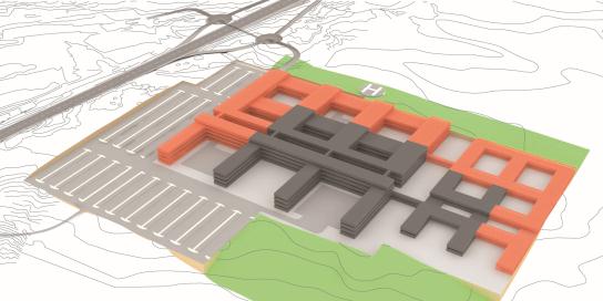 Rv. 70 Akutt Økonomigård Somatikk Parkering Hovedinngang Psykiatri Figur 10. Kompakt sykehusmodell på tomten på Storbakken. Figur 11. Typisk terrengsnitt. Figur 12.