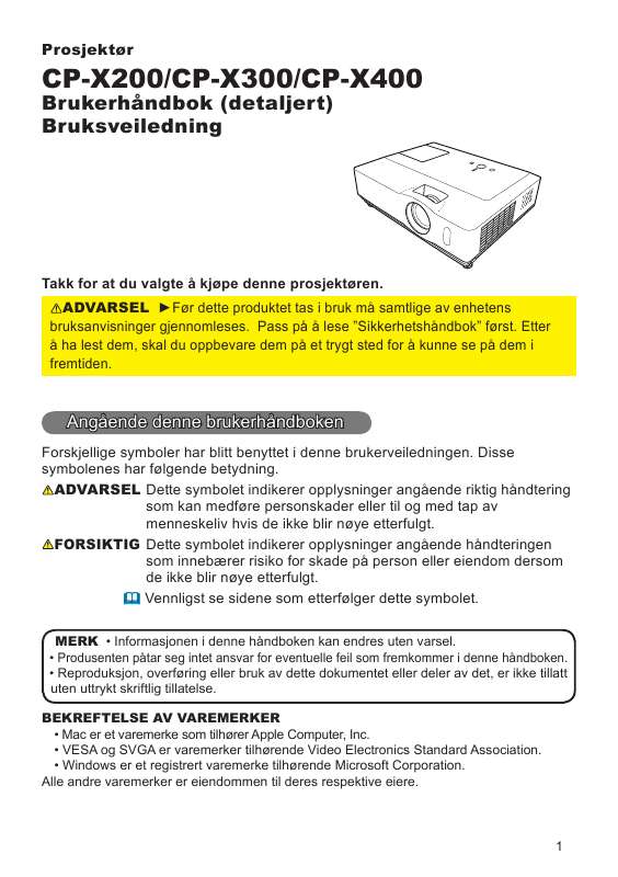 spesifikasjoner, sikkerhet råd, størrelse, tilbehør, etc.).