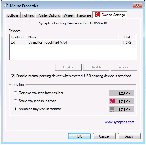 2. Klikk Device Settings (Enhetsinnstillinger) på toppen og klikk avmerkingsboksen Disable internal pointing device when external USB pointing device is