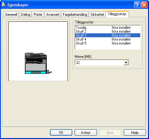 Angi innstillinger for skriverdriver. Kategorien Tilleggsutstyr % Angi om tilleggsutstyr er installert slik at det kan brukes fra skriverdriveren.