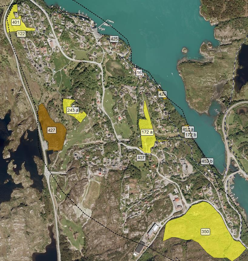 4.37 Kolltveit Innspel nr: 16, 122, 172ab, 243a, 350, 401, 425, 426, 427, 437, 452ab, Kolltveit Planlagt Bustad, bustad/næring, naust, "fleirfunksjonelt område" Arealstorleik (daa)