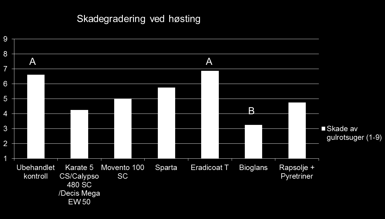 Skadegradering ved høsting 2013, Østfold (Skala 1-9 der 9 er mest skade) Oppsummering og konklusjoner 2013 Krusing Det er ingen statistisk sikre forskjeller Ledd behandlet med Bioglans, Eradicoat T