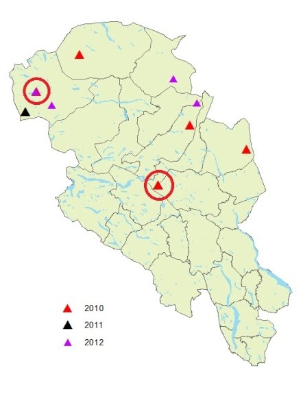 Figur 2. Registrerte ynglinger av jerv og gaupe i perioden 2010 2012. For gaupe er det flere observasjoner av hver familiegruppe.