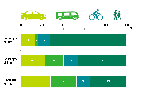 Av de som har lønnet arbeid gjøres 10 prosent av reisene med sykkel, mens andelen kun er 5 prosent hos studentene.