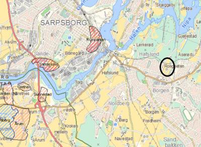 ROLIGHETEN I SARPSBORG 15 Figur 6 registrerte faresoner i området, [skrednett] Figur 6 viser ingen registrerte faresoner for kvikkleire i området. Som nevnt under delkap.