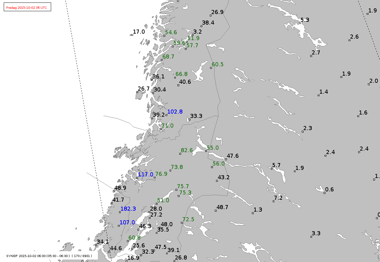 Figur 7: Observasjoner av 24-timersnedbør som kom mellom 1. og 2. oktober 2015 kl 06 UTC.