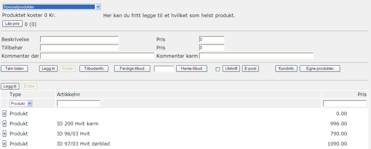 Produkt og tilbehør. Under produkt kan man registrere fritt egne produkter med pris. Liste med egne produkter får man tilgang til når man velger spesialprodukter under produktsortiment.