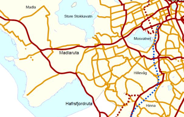 7. mai 2014 TRAFIKKANALYSE MADLA - REVHEIM 3.3 Gang og sykkeltrafikk Utsnitt av sykkelkart for Stavanger er vist i Figur 9.