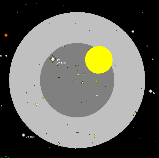 Månen er i øyeblikket 4 grader over horisonten. Bildet viser både umbraen (helskyggen) og penumbraen (halvskyggen) Bildet (SkyMap) viser jordskyggen på himmelen 10. desember 2011 kl. 16:20:56.