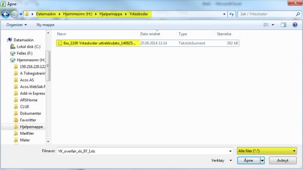 Pass på riktig filsti og at du vil se Alle filer (*.*) Klikk på Åpne. Sjekk at radioknappen står på Data med skilletegn.