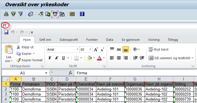 Overfør rapportresultatet til excel Lag grunnlagsdokument for registrering av yrkeskoder ved å overføre rapportresultatet til excel (rød sirkel). Det finnes flere måter å opprette regnearket på.