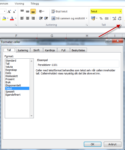 Dersom formatet ikke står som tekst, klikk på den lille pilen under format slik at du får fram dialogboksen ovenfor (kan være litt ulik framgangsmåte i ulike versjoner av Excel).