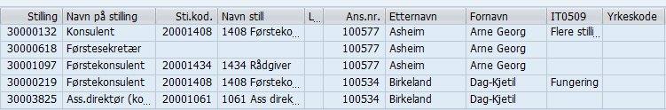 være et større spenn på stillingsinnholdet og kanskje vanskeligere å finne riktig kode Ta til slutt bort alle filtre. Nå skal samtlige ansatte komme fram. Sett filter på kolonne Yrk.