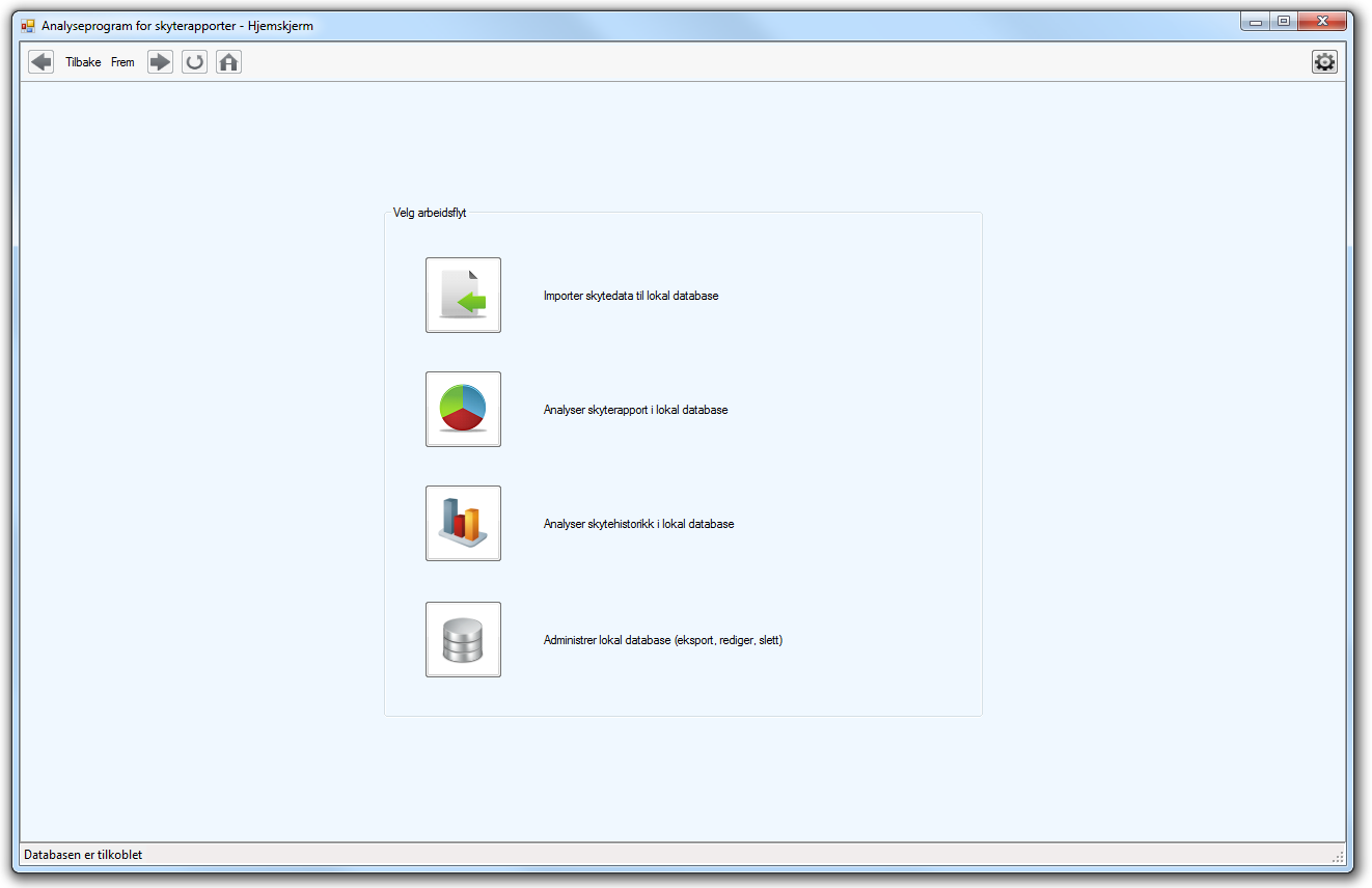 Figur 4.3 Hjemskjerm. Fra denne velges arbeidsflyt. 4.3 Arbeidsflyter I dette avsnittet beskrives de ulike arbeidsflytene i detalj. 4.3.1 Import av skytedata Etter at brukeren har mottatt skyterapporter på fil skal arbeidsflyt for import av skytedata velges for å legge skytedata inn i lokal database.