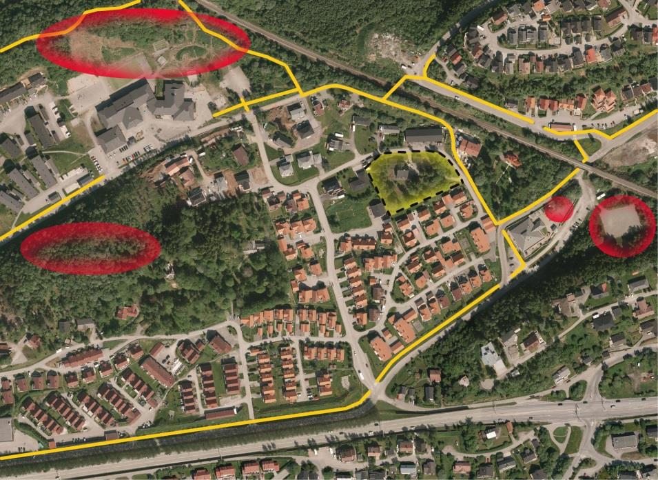 Gule linjer er fortau, røde sirkler er store lekeområder og friområder i nærmiljøet. Illustrasjon planlegger. kilde ortofoto: Bodø kommune. 5.