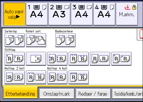 3. Kopi 1. Trykk på [Etterbehandling]. 2. Velg [Sortering] eller [Rotert sort.], og trykk deretter på [OK]. 3. Angi antallet kopisett med talltastene. 4. Plasser originalene.