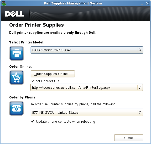 Slik åpner du vinduet Dell Supplies Management System: 1 Klikk Order Supplies Online i vinduet Printer Status. ELLER Klikk Dell Printers Dell Supplies Management System.