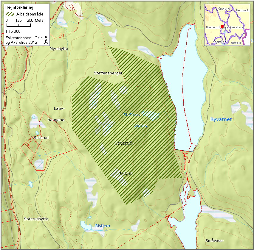 Soterudleiken Hole kommune 1135 dekar kartlagt Området består av et slakt åsparti 5 km nord for Lommedalen, i Hole kommune, på grensen til Bærum kommune.