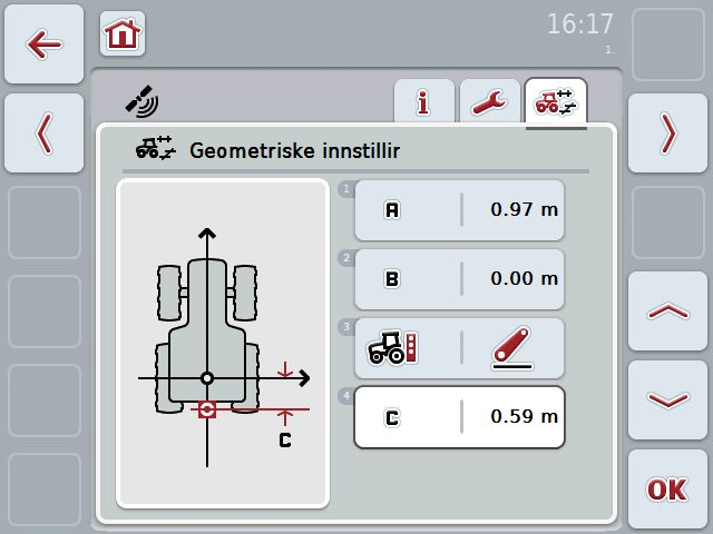 Geometriske innstillinger Ved å legge inn GPS-mottakerens riktige posisjon på traktoren, kan CCI.