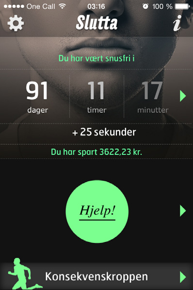 Appen teller hvor lenge du har vært røyk-/snusfri i dager, timer, minutter og sekunder. Den viser også hvor mye du har spart ved ikke å bruke penger på tobakk.