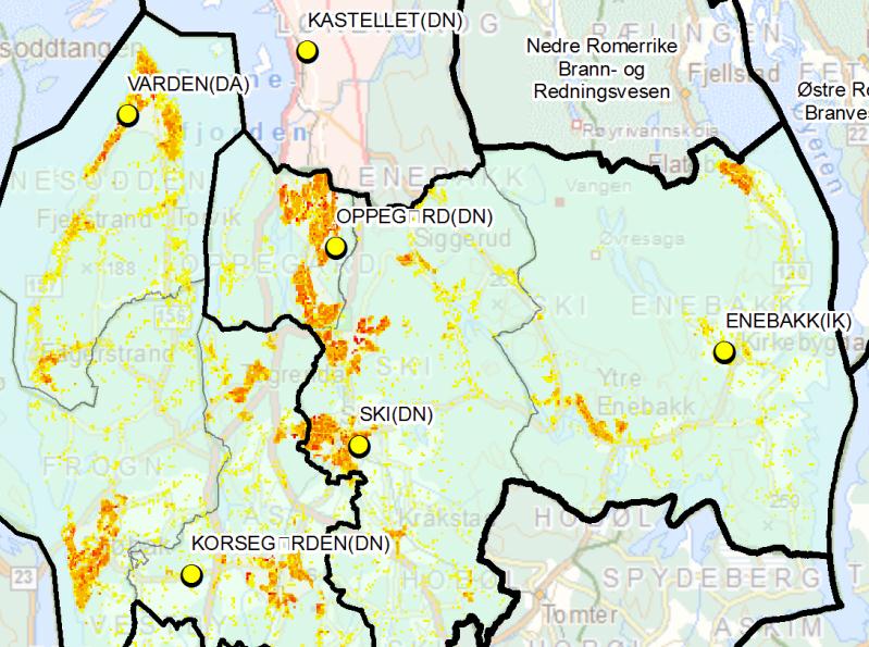 7.1.3.3 Beredskapen i nord - Korsegården (Ås)-Enebakk-Oppegård-Nesodden I punkt 5.5.1 er det tatt opp en utfordring knyttet til nordre del av regionen og område Enebakk. 1.