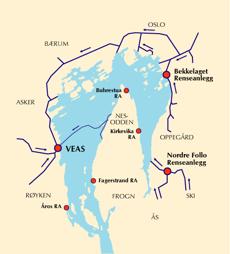 Viktigste deler av avløpssystemet rundt Indre Oslofjord De tre store renseanleggene til Indre Oslofjord ble satt i drift i perioden 1972 til 2001: - Nordre Follo Renseanlegg fra 1972 - VEAS fra 1982