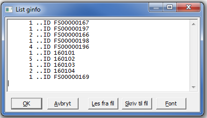 Eksempel på utlisting (for statlig sikra friluftsliv). I dette tilfellet er det 10 ID-er, 4 lokale IDer og 6 NaturbaseID-er.