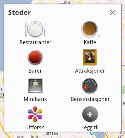 Lokalisere Steder og Kart Google Places Steder forteller deg noe om attraksjoner, inkludert restauranter, kaffebarer, bensinstasjoner osv., i nabolaget.