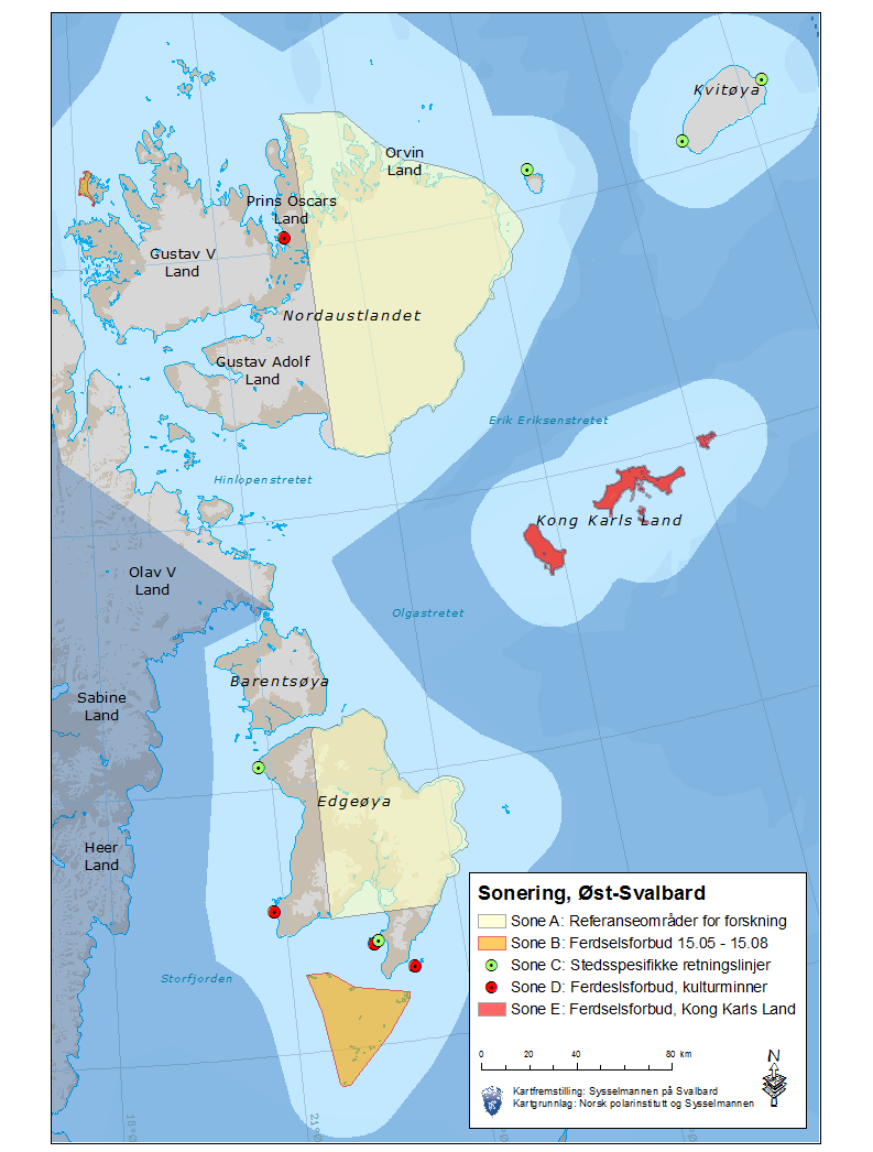 Figur 8. Oversikt over sone A E, Øst-Svalbard (Temakart 11).