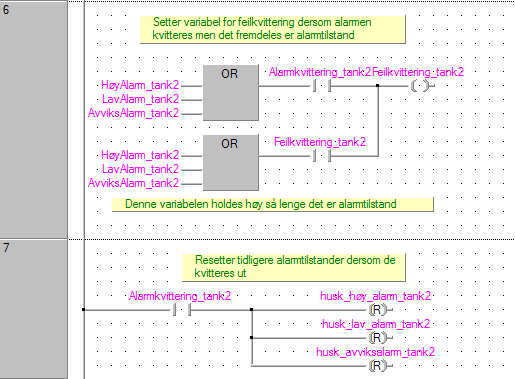 Figur 9 Alarmprogram for tank 2 del 3 Vi lagde også en felles POU for alarmaksjoner, som skulle sikre at begge programmene skulle fungere sammen og parallelt med hverandre.