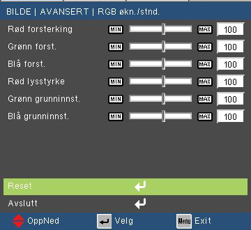 Trykk inn i neste meny som nedenfor og bruk deretter eller for å velge. Rød forsterking / Grønn forst. / Blå forst.