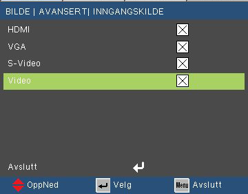 Brukerkontroller Fargerom Velg en passende fargematrisetype fra AUTO, RGB eller YUV. Inngangskilde Bruk dette alternativet for å aktivere/deaktivere inngangskilder.