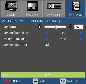 Brukerkontroller ALTERNATIVE LAMPEINNSTILLINGER Lampetid Vis projekteringstid. Lampepåminnelse Velg denne funksjonen for å vise eller skjule varselsmeldingen når endringslampemeldingen vises.