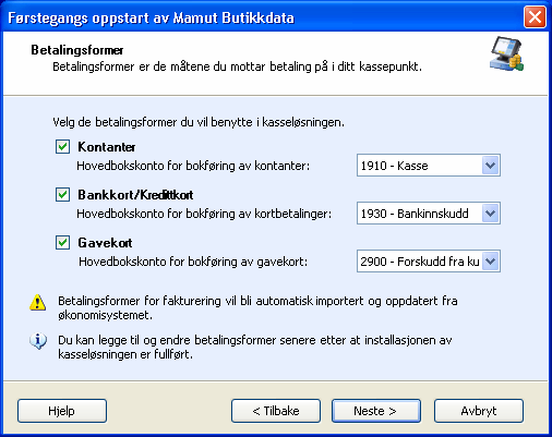 INSTALLASJON OG FØRSTEGANGS OPPSTART Kasseskuff er tilkoblet Innstilling for om systemet skal håndtere kasseskuff ved avslutning av salg. Velg aktuell driverrutine.