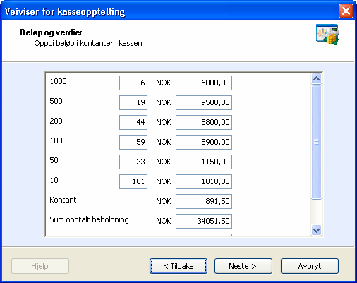 KASSEOPPTELLING OG DAGSOPPGJØR Veiviser for kasseopptelling Slik teller du opp kassen 1. Klikk på Administrasjon. 2. Klikk på Kasseopptelling. Veiviseren startes. 3. Klikk Neste. 4.