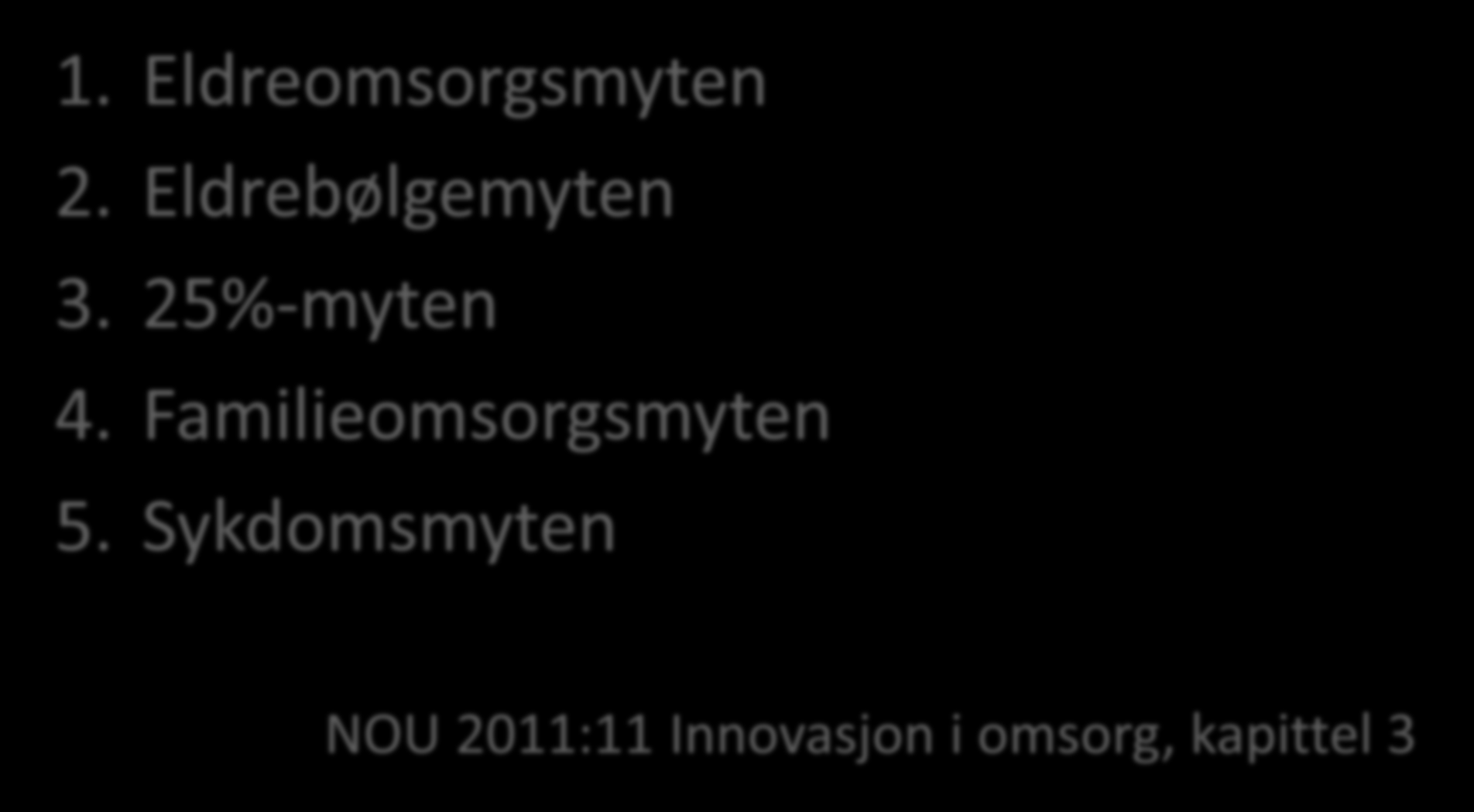 De 5 omsorgsmytene 1. Eldreomsorgsmyten 2. Eldrebølgemyten 3. 25%-myten 4.