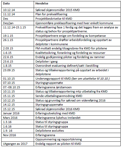 5.2 Beslutningspunkter og oppfølging Framdriften er samordnet med aktivitetsplanen vår og planen for den nasjonale piloten, se tabellen under.