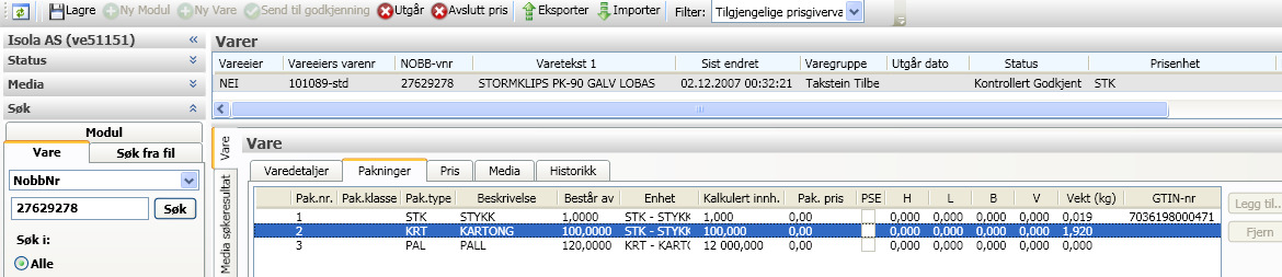 11 Godkjenning og kontroll Når vareeier har lagt inn varer, endret på informasjonene som er registrert i basen og larget disse, får varen en status som heter Endret Ikke Oversendt.