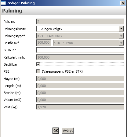 Hvis vareeier har sagt at en pakning ikke er bestillbar kan prisgiver overstyre dette. Finn varen og velg fanen Pakninger. Dobbeltklikk på den aktuelle pakningen, for eksempel Pak.nr.