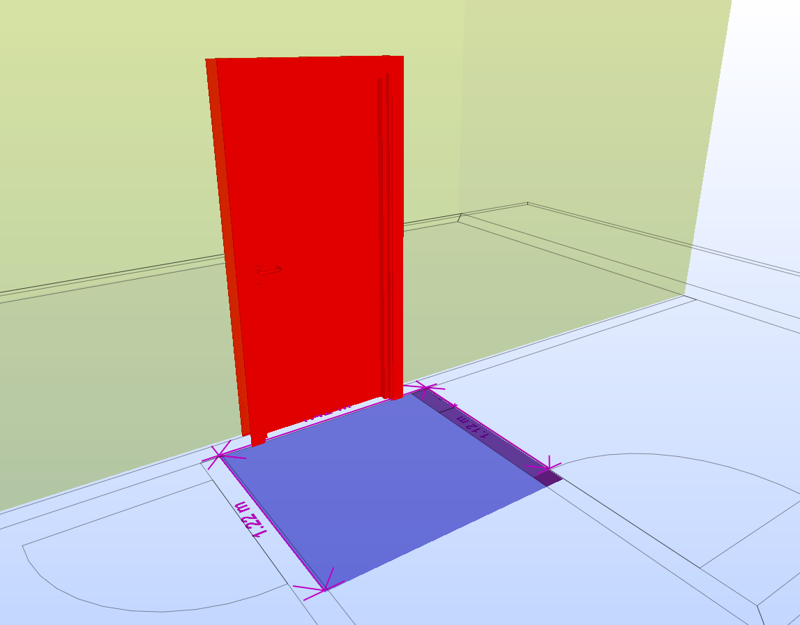 Not enough space behind Door.0.3. - Component Wall.0.4 intersects the required free area with dimensions 99 mm and 9 mm. - Component Wall.0.24 intersects the required free area with dimensions 300 mm and 9 mm.