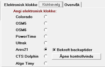 I resultatskjermbildet i Victoria (knapp nr 6 fra venstre på knapperaden), må du angi hvilken type klokke det skal mottas tider fra.