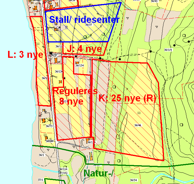 Kart 4: Utbyggingsområde I, Seida J. Storsletta (4 nye tomter. Bygges ut direkte på bakgrunn av delplanen) K.
