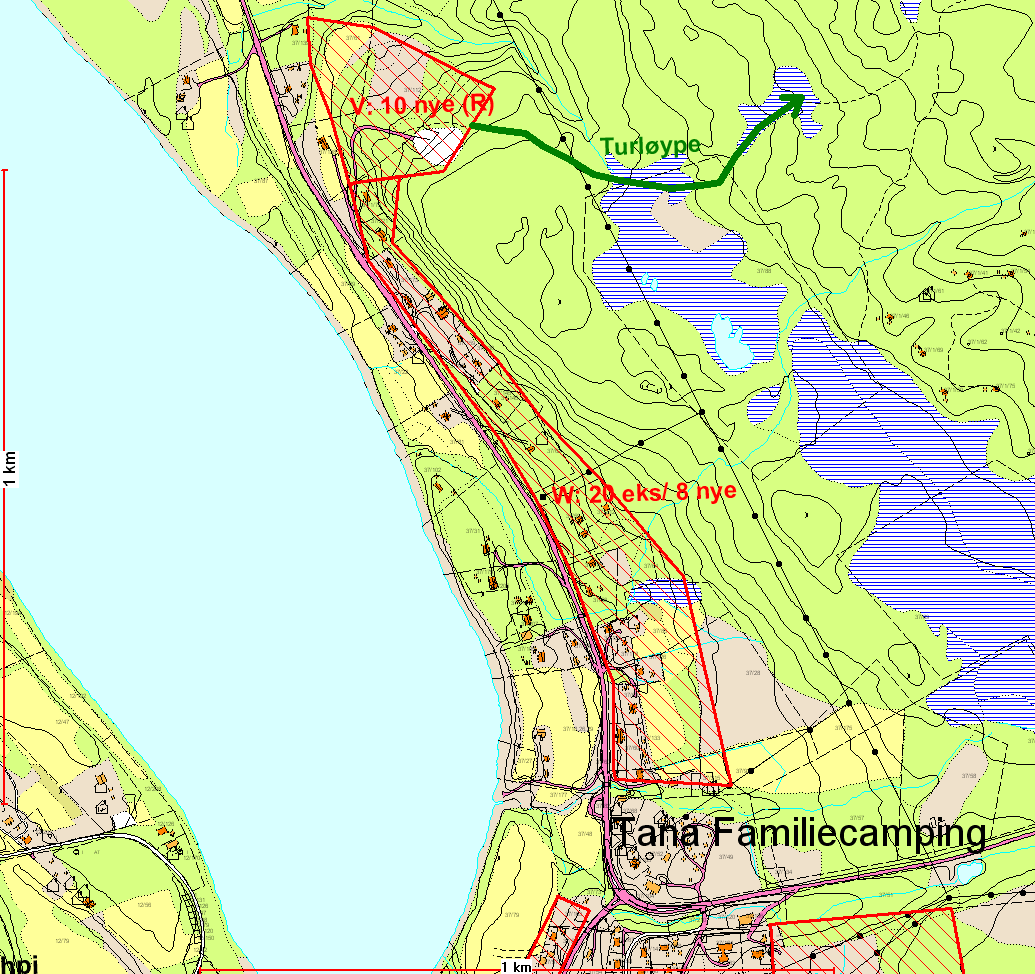Kart 9: Utbyggingsområde V og W, Skiippagurra X.