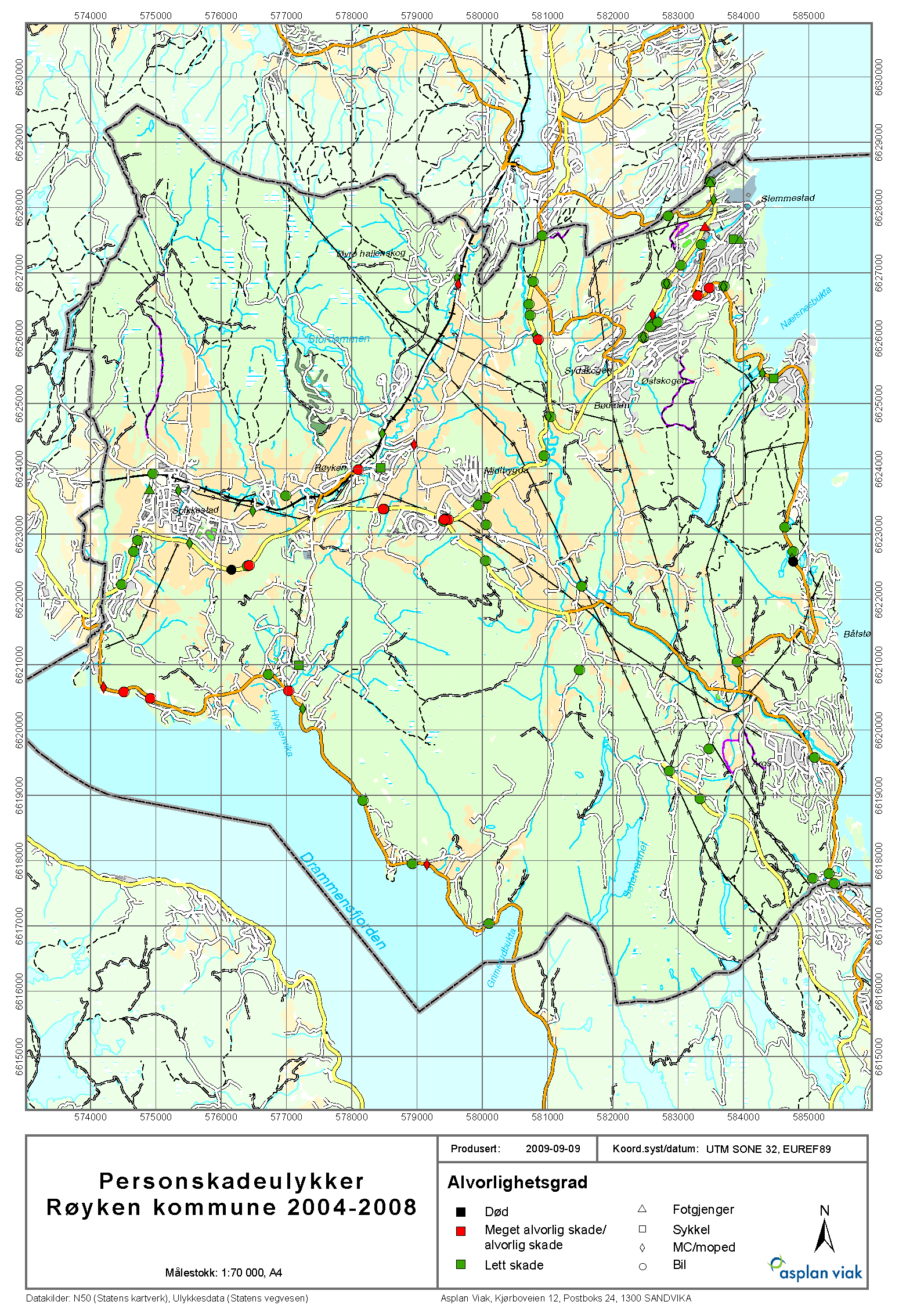 Trafikksikkerhetsplan for Røyken kommune 2011-2014 66 Geografisk plassering av ulykkene Figur 35 viser ulykkenes geografiske