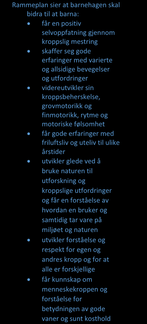 Rammeplan sier at barnehagen skal bidra til at barna: får en positiv selvoppfatning gjennom kroppslig mestring skaffer seg gode erfaringer med varierte og allsidige bevegelser og utfordringer