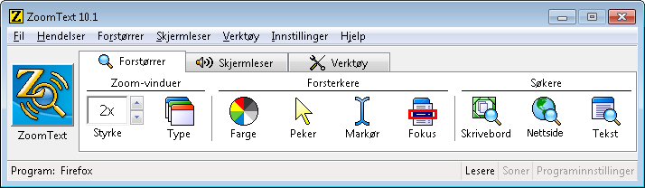 ZoomText Brukergrensesnitt I det du starter ZoomText åpnes programmets brukergrensesnitt. I dette vinduet finnes alle kontrollene til ZoomText.
